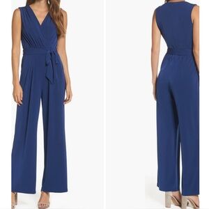 NEW Vince Camuto Baddie Faux Wrap Jersey Wide Leg Jumpsuit Sz L Blue